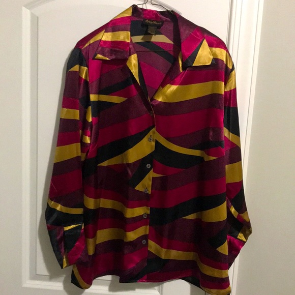 ASHLEY STEWART Silky polyester multi color button down blouse size 16 - Picture 2 of 5